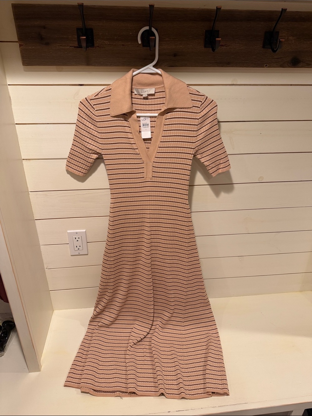 LOFT Beige and Black Striped Knit Polo Midi Dress